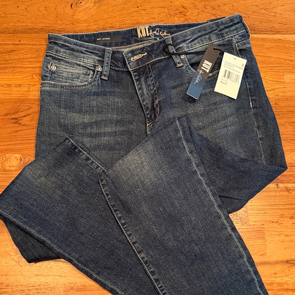 Kut from the Kloth “Katy” Boyfriend Mid-Dark Blue Slim Straight Jeans